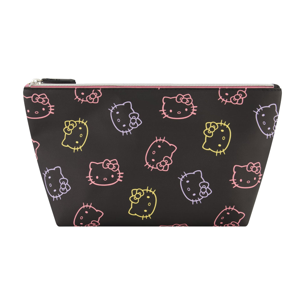 Sanrio_Hello_Kitty_faces_trapezoid_cosmetic_travel_bag_featuring_a_sleek_black_background_with_neon_outline_Hello_Kitty_faces_in_pink_yellow_and_purple_9306b740-c83f-4010-a9c3-4949fddb81ea
